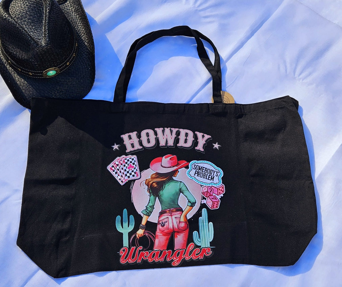 Black XL Western Shopper Bag – Howdy Wrangler & Cowgirl Graphic Tote | All from the Closet