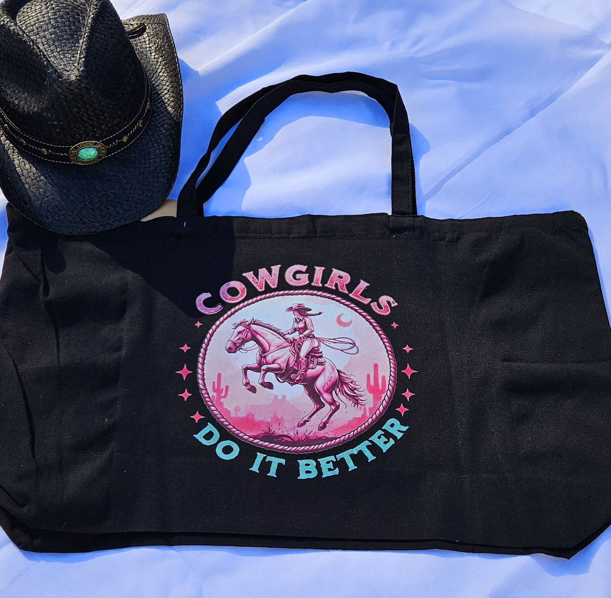 Black XL Western Shopper Bag – Howdy Wrangler & Cowgirl Graphic Tote | All from the Closet