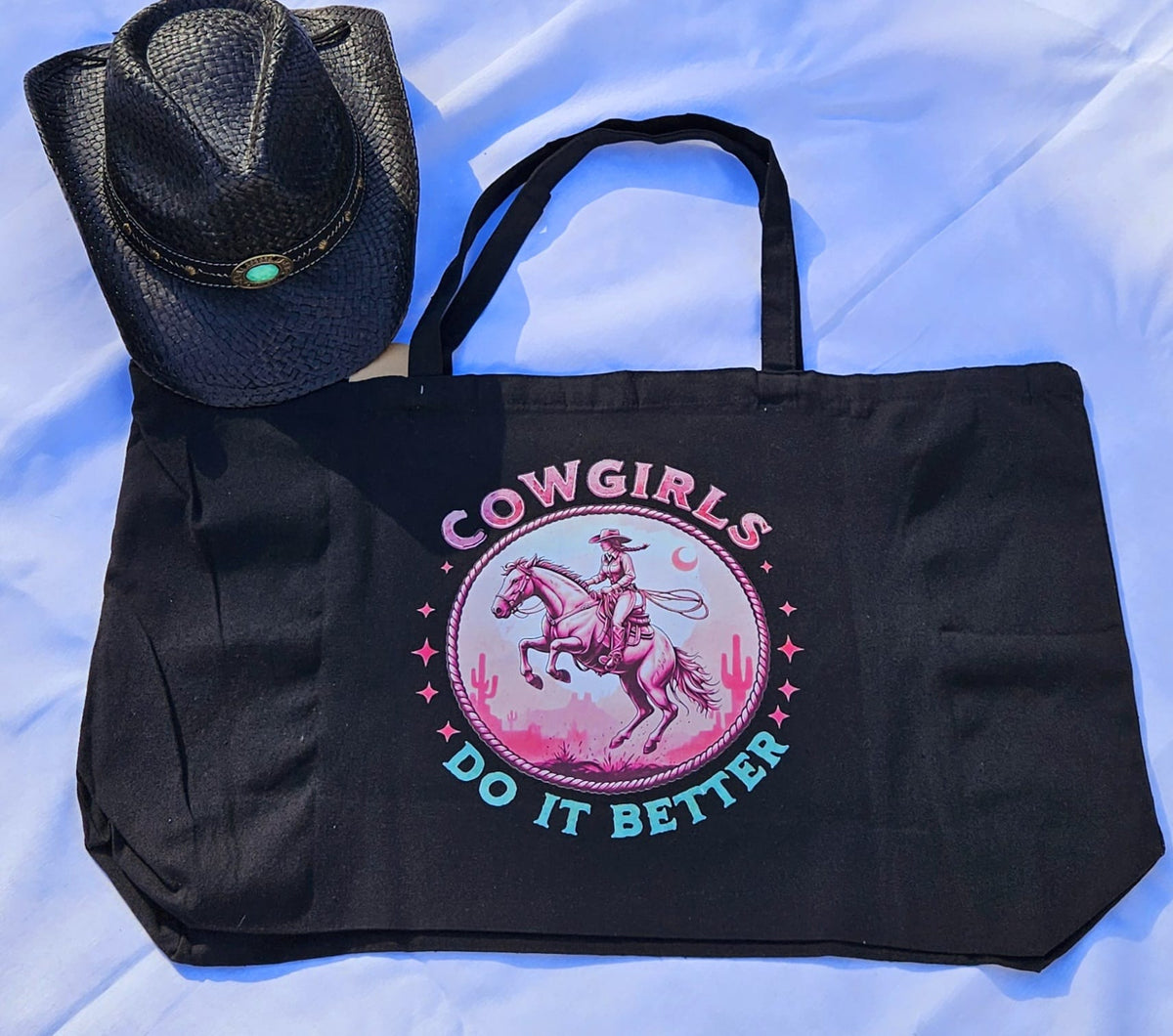 Black XL Western Shopper Bag – Howdy Wrangler & Cowgirl Graphic Tote | All from the Closet