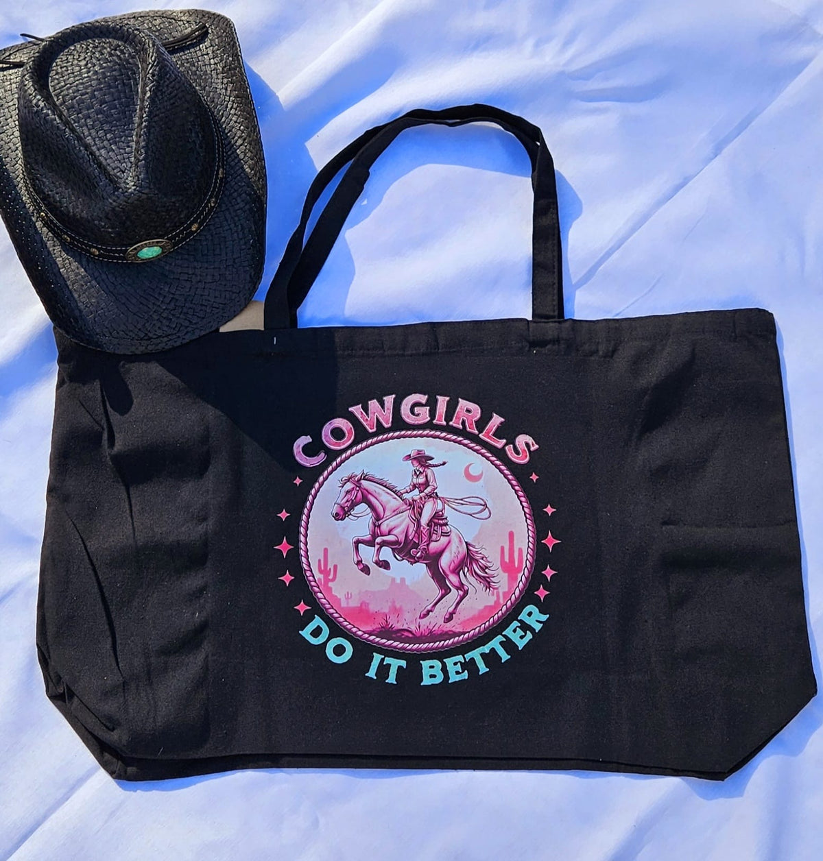 Black XL Western Shopper Bag – Howdy Wrangler & Cowgirl Graphic Tote | All from the Closet