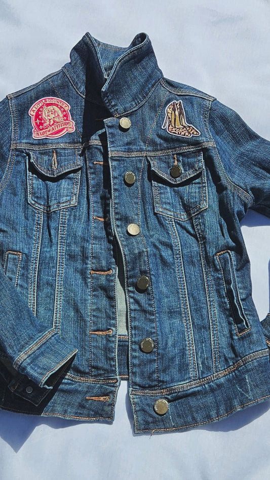 Custom Upcycled Denim Jacket | Western Cowgirl Boot Print, Leopard Patches